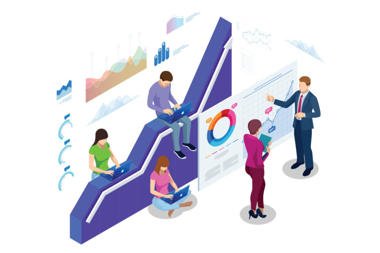 Isometric web banner Data Analisis and Statistics concept. Vector illustration business analytics, Data visualization. Technology, Internet and network concept. Data and investments.