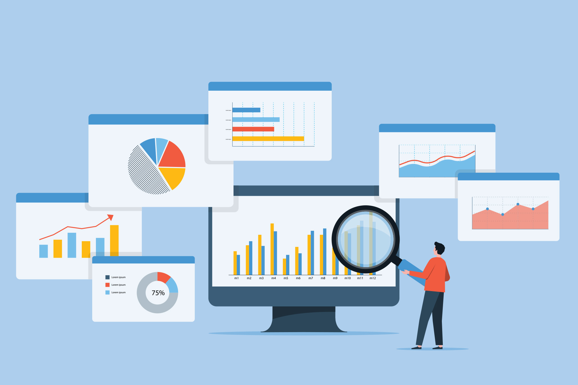 business people analytics and monitoring investment and finance report graph on monitor concept