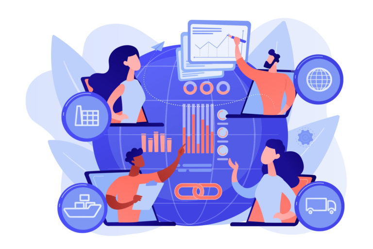 Global distribution, international cargo freight company. Supply chain management, logistics operations control, streamline your logistics concept. Pinkish coral bluevector isolated illustration