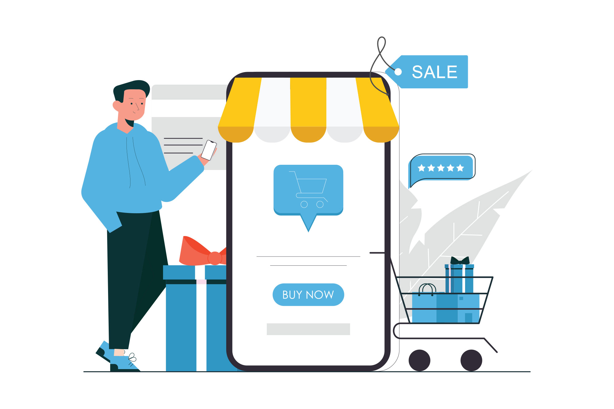 Man shopping next to phone. Online shopping, e-commerce concept illustration